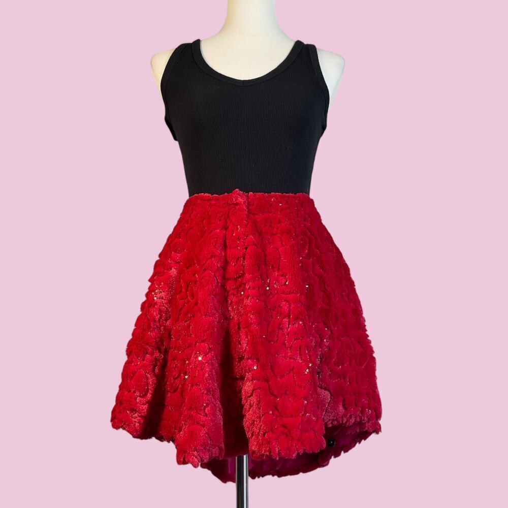 Red Sequin Fuzzy Textured Asymmetrical Snap Skirt Small